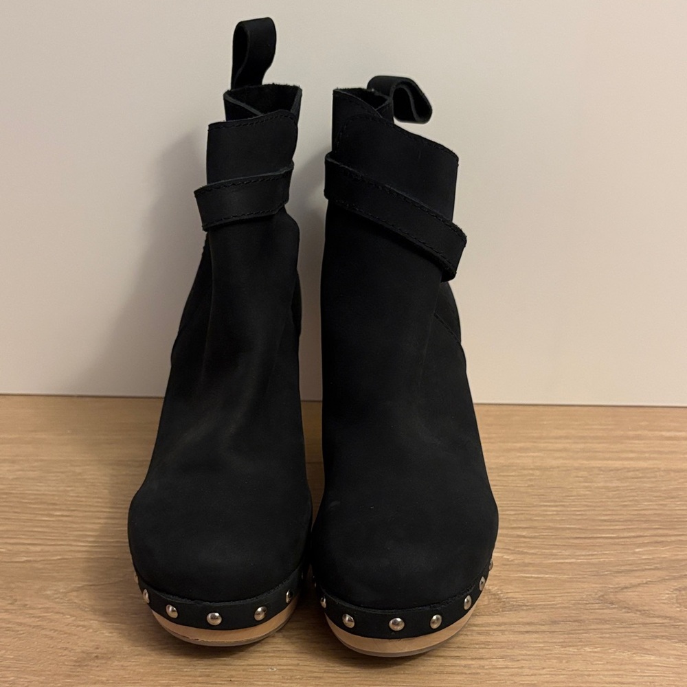 Elegant Black Ankle Booties with Studded Detail with wooden heels